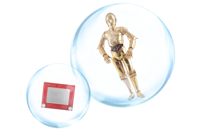 Graphic depicting C-3PO and Etch-A-Sketch inside water bubbles.