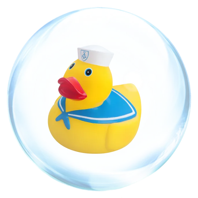 Graphic depicting a duck bath toy inside a water bubble.